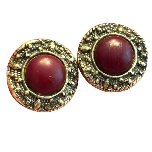 Chunky clip on earrings textured gold rounds faux wood centers classic vintage - Picture 4 of 6